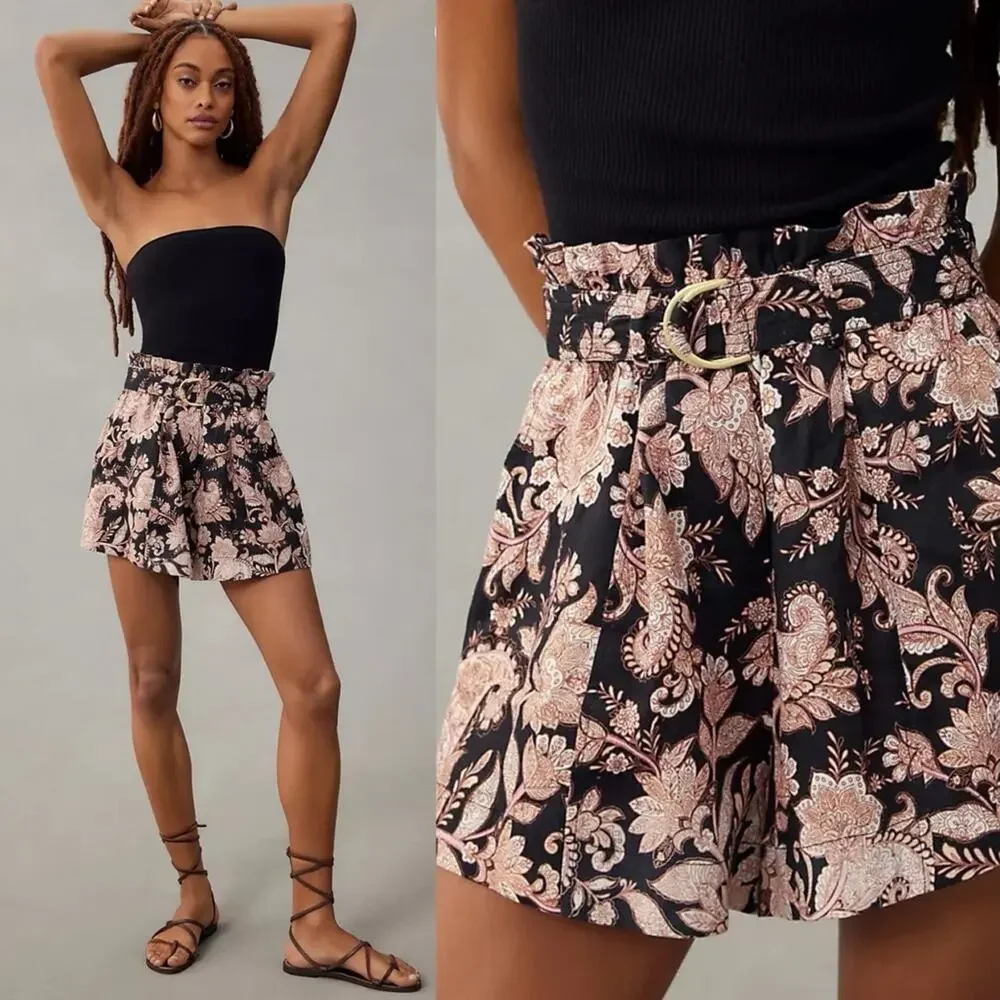 NWT Kivari Layla Black Paisley Linen High Waisted Paperbag Belted Shorts